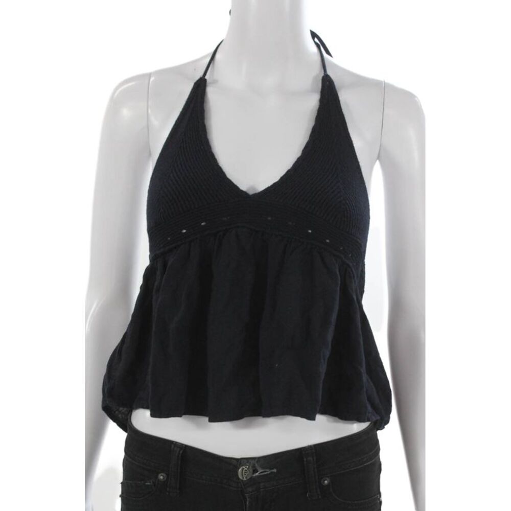 Subdued Womens Cropped Halter Tank Blue Viscose Solid Size 4